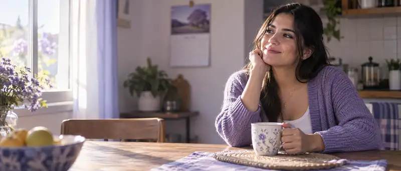 Mujer en las primeras semanas de embarazo toma un té en la cocina y sonríe con esperanza