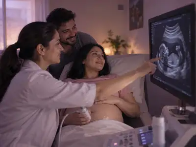 Médica revisa la ecografía morfológica en la pantalla mientras la embarazada observa